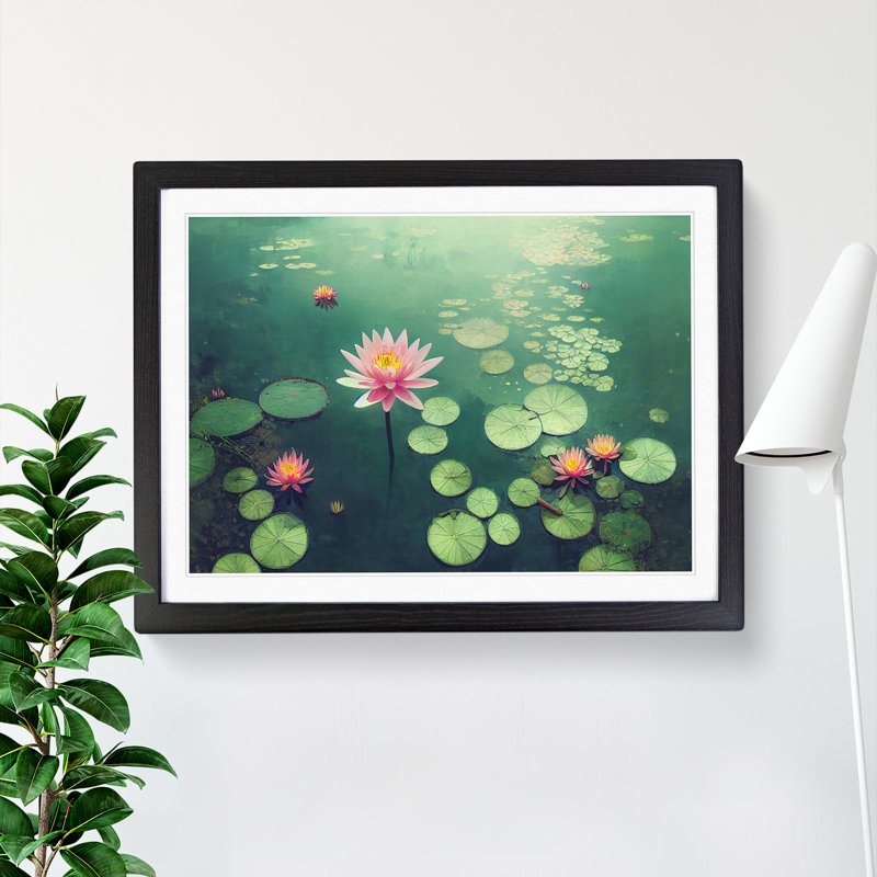 XH1022-9482X Unique Water Lily Flowers - Single Picture Frame Print, Black, 46cm H x 64cm W x 2cm D