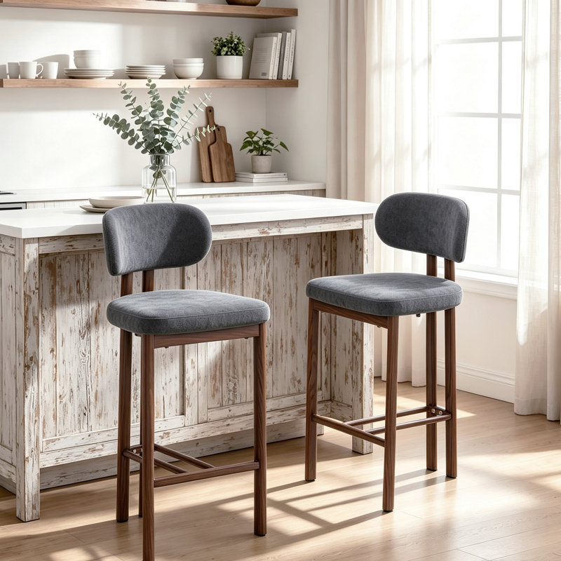 Upholstered Bar Stool with Iron Frame, Grey / Brown