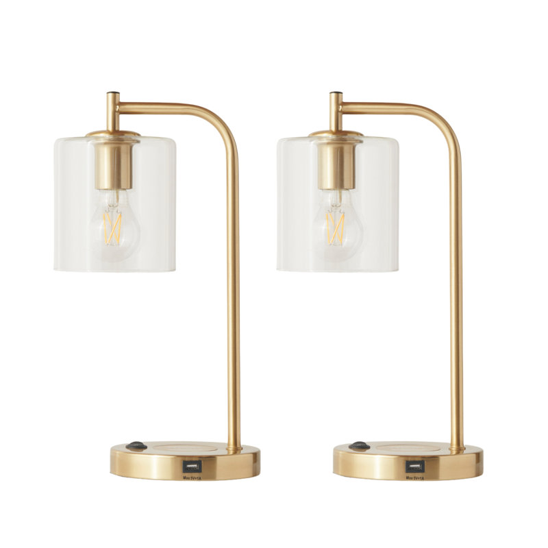 Lampe de bureau moderne à DEL dorée de 16 po Elizabeth, recharge USB et sans fil (ensemble de 2)