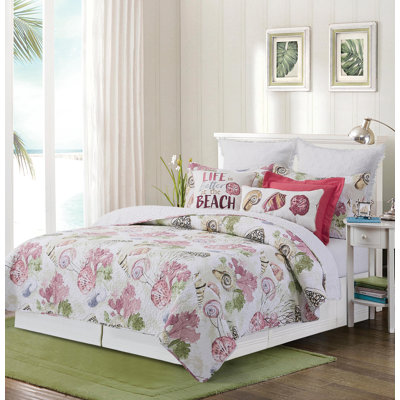 Vilano Bay Pink/Green Cotton Reversible Quilt Set