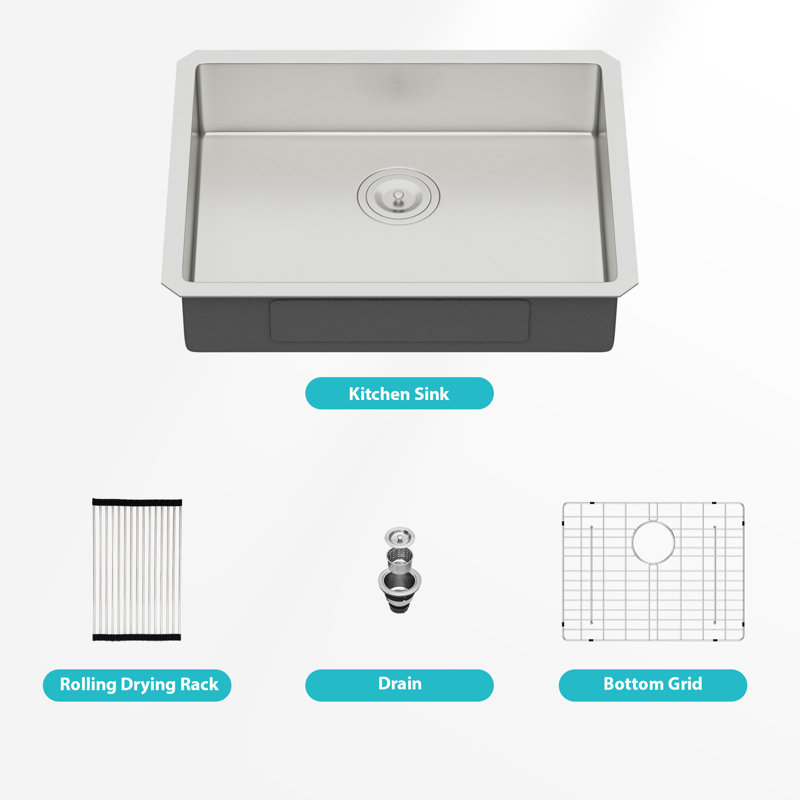 Compliant 23 X 18 5.5 Inch T304 Stainless Steel Kitchen Sink, Low-Profile Depth, Sloped Drain, Splash Design, Condensation Coating, Noise-Reducing Pad, Flat Front Edge, With Drain Assembly And