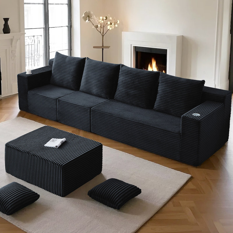 Boneless 137" Cloud Sectional Couch Boneless Sofa in a Box, Foam Floor Modular Sofa w/Deep Seat, Fluffy Corduroy Upholstered Couch with Movable Ottoman