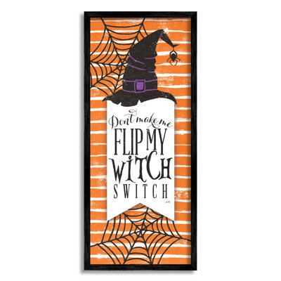 «Witch Switch», phrase amusante rayée, toile d'araignée orange, estampe numérique encadrée noire, art texturé par Misty Michelle