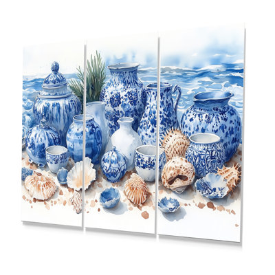 Plage, poterie en tons de bleu et blanc - Ensemble d'art mural de plage