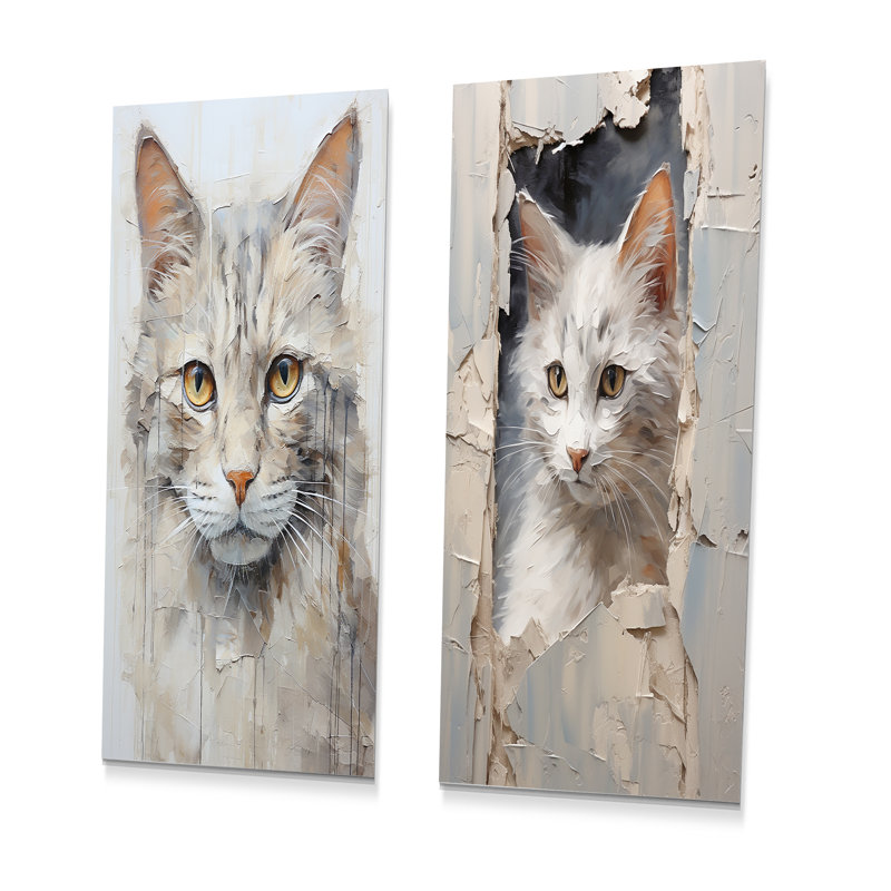 Minimalisme, portrait de chat beige - ensemble de 2 chats muraux en métal, H 28 po x l 24 po