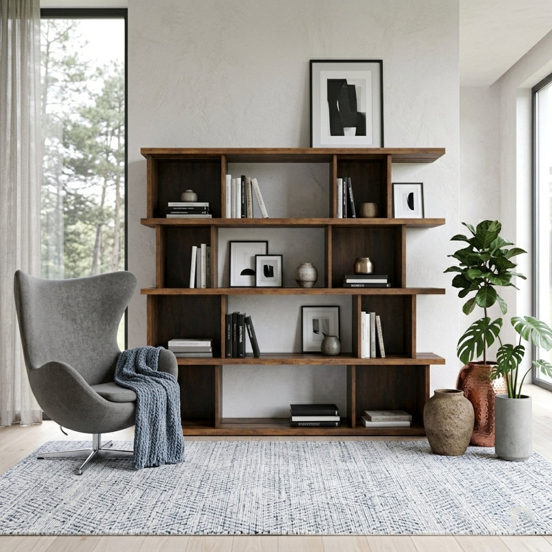 Bibliothèque moderne en bois géométrique, étagère de rangement grande ouverte avec design cubique, étagère de présentation contemporaine pour le salon ou le bureau