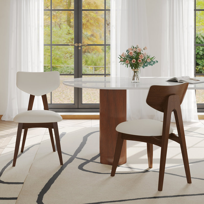 Mid-century Modern Dining Chairs Set Of Two, Curved Backrest & Tapered Wood Legs, Upholstered Faux Leather Seat, Walnut Finish