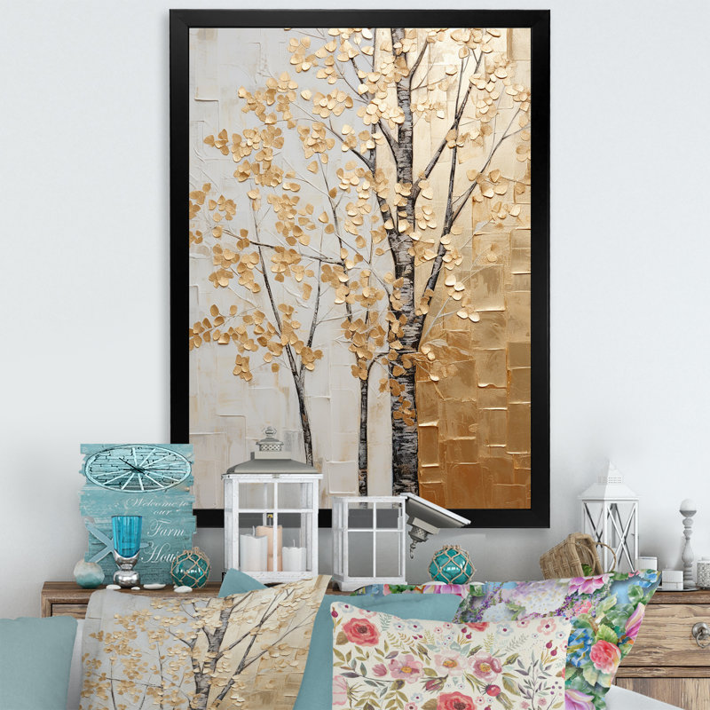 Minimalisme Golden Trees Harmony II - arbres, art mural, Cadre simple noir, H 32 po x l 24 po x P 1 po
