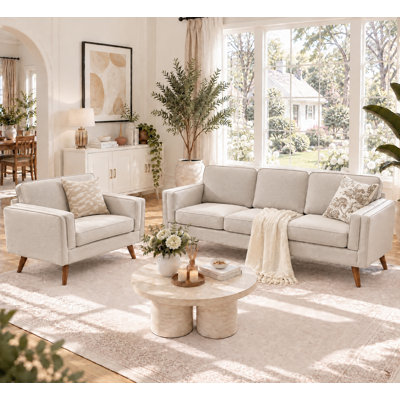 Mid-Century Modern 2-Piece Living Room Sofa Set, Includes 3-Seater Couch & Loveseat, Tapered Wood Legs