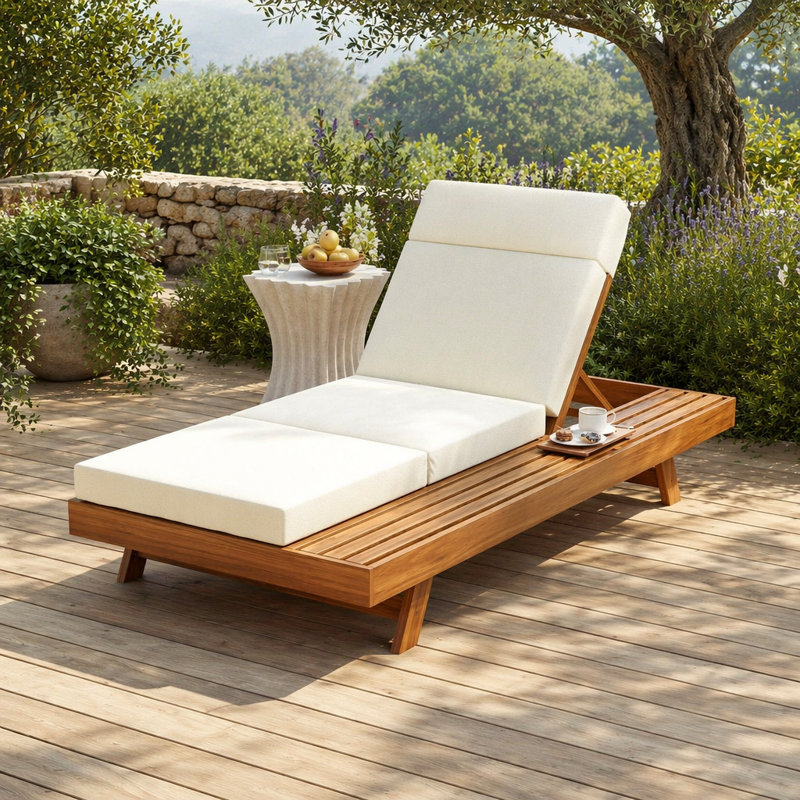 Lounge Chaise With Headrest, Acacia Wood(Set Of 1), Beige