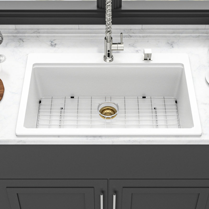 White Quartz Kitchen Sink 33" X 22", High - End Drop In Workstation, Smooth Surface, Reduces Dirt, Assembly, Installation Template Non Porous, Easy To Clean, Strainers, Guide