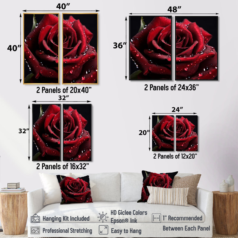 Rose rouge avec gouttes de pluie II - art mural rouge 2 panneaux, H 20 po x l 24 po, Reproduction encadrée sans passe-partout