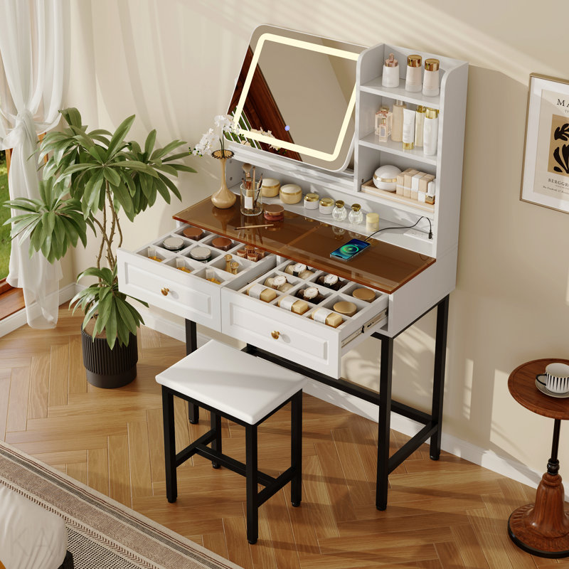 Makeup Vanity With Led Lighted Mirror,  360° Rotatable Mirror, Vanity Desk With 2 Drawers,Power Outlet And 3-Tier Shelves, Amber Glass Table Top, Dressing Table With Sturdy Metal Leg And  Stool, White