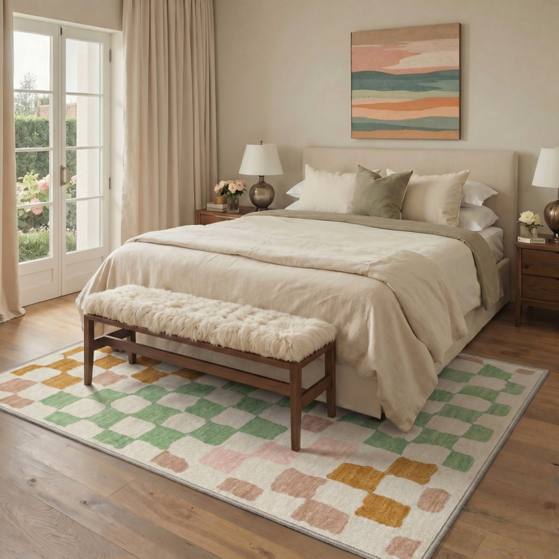 Modern Wavy Check Machine Washable Area Rug, Green Pink Beige Distressed Non-Slip Rug for Living Room Bedroom