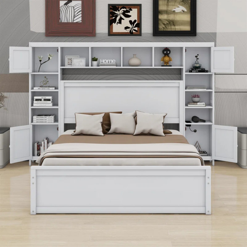 Lit en bois avec armoire, tablette et prises tout-en-un, Blanc