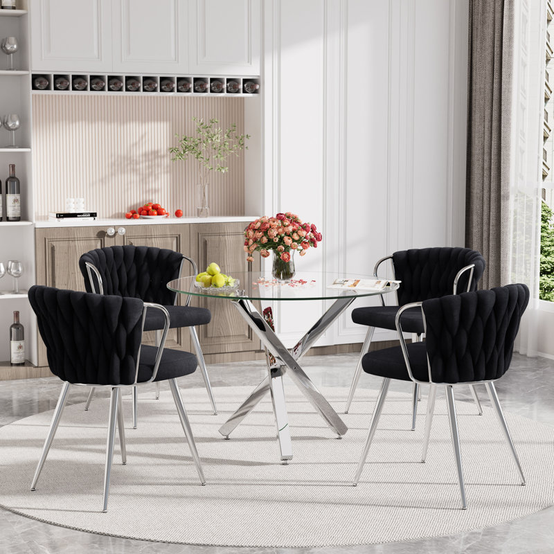 Ensemble repas rond, 5 pièces: table, 4 chaises, Noir, Argent argent
