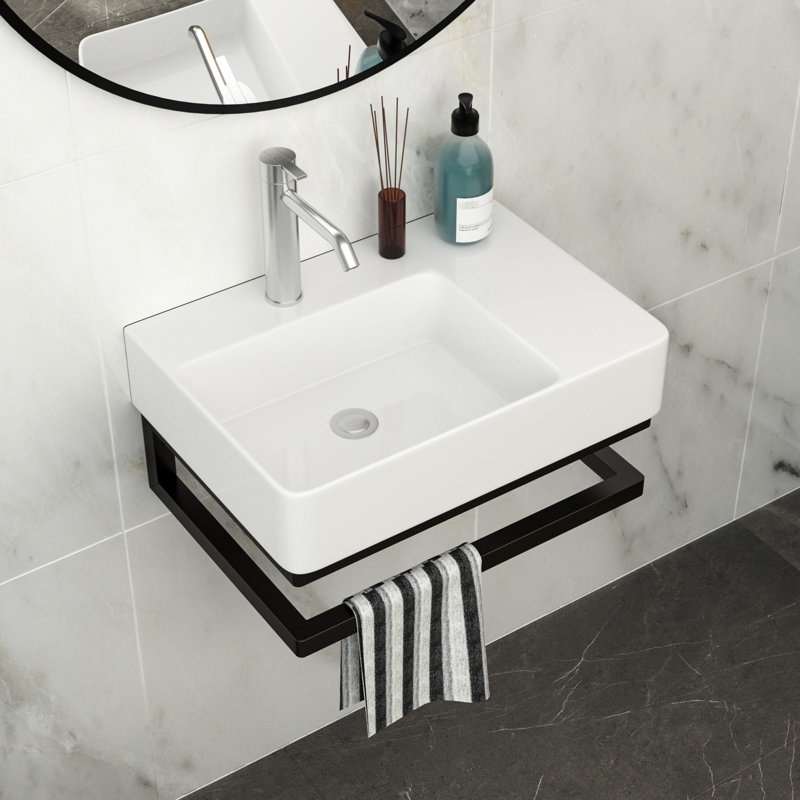 Lavabo de salle de bain mural mural en céramique 22,85 "x 16,5", finition mate avec barre à serviettes noire, résistance aux rayures