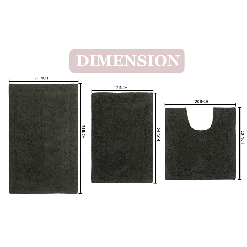 Bruss Luxury 100% Cotton Bath Rug (Set of 3) Reversible, Gray