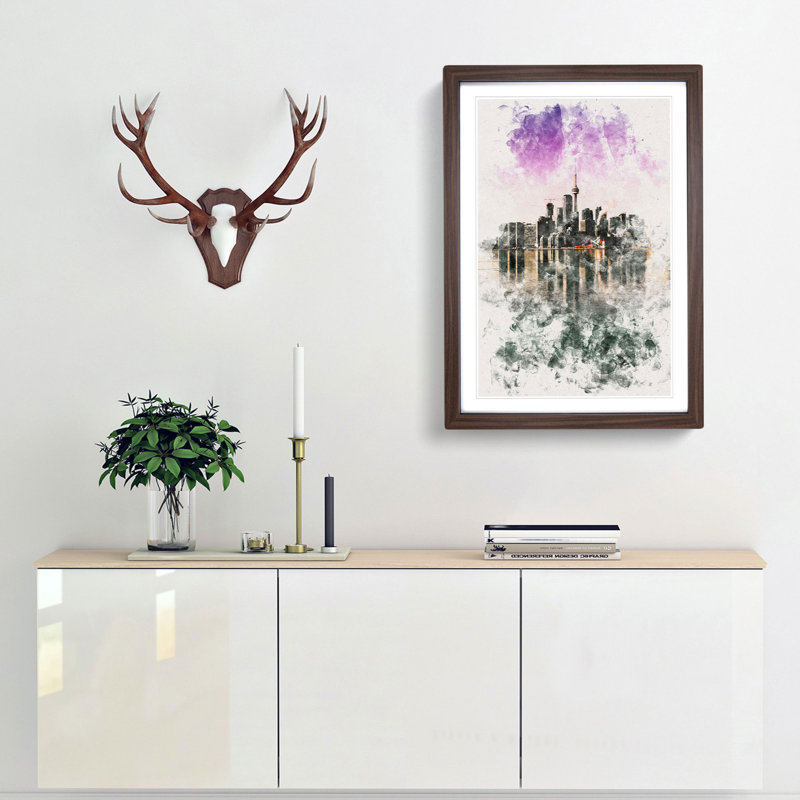 Skyline of Toronto in Canada - Picture Frame Graphic Art Print, 33cm H x 24cm W x 2cm D, Walnut Framed