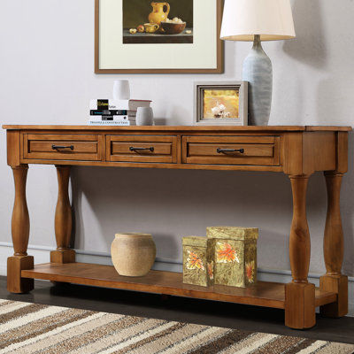 Console de 63 po avec 3 tiroirs en bois massif d'aspect Mid-Century brun de 63 po pour la chambre à coucher et 1 tablette