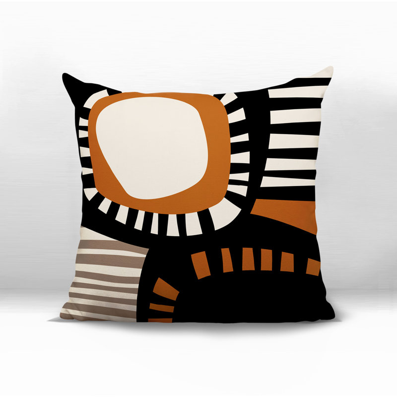 Oreiller carré réversible intérieur / extérieur Alika, H 19 po x l 19 po, Orange brûlé / noir / blanc cassé abstrait