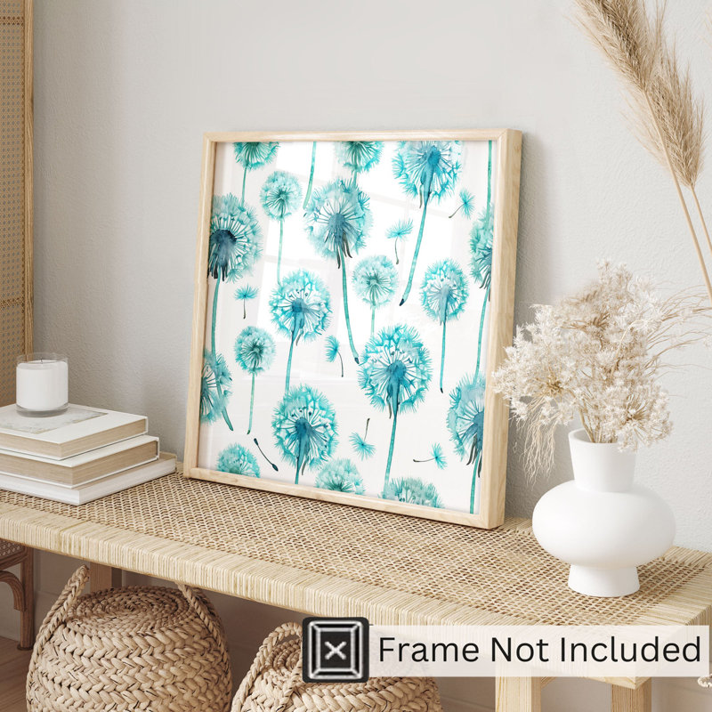 «Botanical Turquoise Teal Dandelions II», reproduction d'art moderne sans cadre, H 24 po x l 24 po
