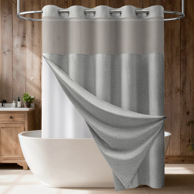 Instant Install Hook Slub Linen Textured Shower Curtain with Snap-in Liner and Mesh Top Window, Heavy Duty Waterproof Fabric Shower Curtain Set, Modern Simple Hotel Style Spa Elegant Decorative Shower Curtains for Bathroom