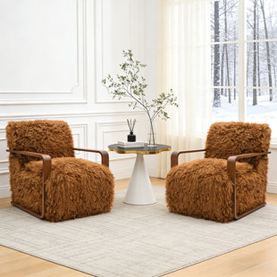2-Pieces 28.3" Wide Faux Fur Accent Chair,Upholstered Lounge Chair With Curved Wooden Arms,Tight Back & Seat,Armchair For Living Room,Bedroom (Set of 2)