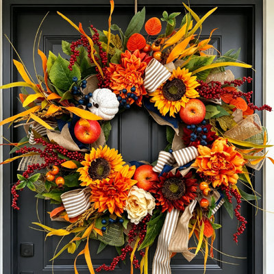 24"fall Wreath With Sunflowers, Pumpkins, Apples & Berries, Full Autumn Harvest Front Door Decor With Rustic “hello” Wooden Sign, Seasonal Indoor Outdoor Wall Hanging