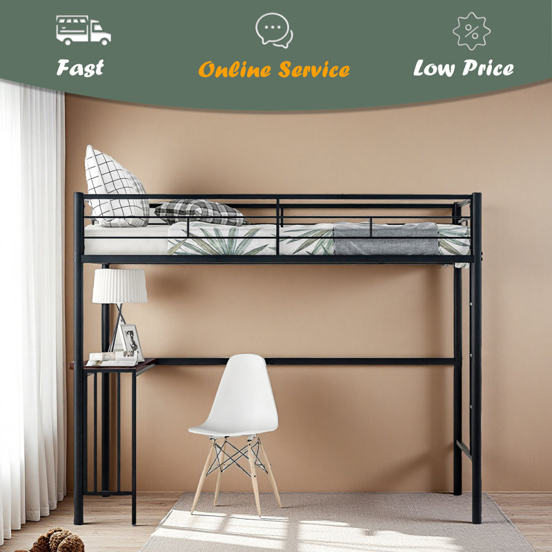 Lit mezzanine simple en métal avec bureau, échelle et garde-corps, lit mezzanine pour chambre à coucher