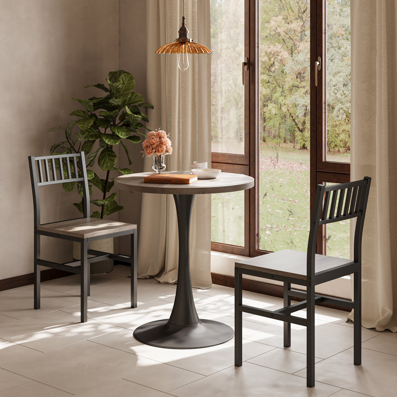 3-Piece Round Dining Table Set, Industrial Style Small Kitchen Table And Chairs For 2, Rustic Gray