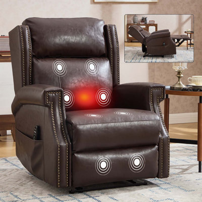 Fauteuil inclinable manuel brun en similicuir avec mouvement robuste, 8 nœuds vibrants et 3 modes de massage pour le confort du salon