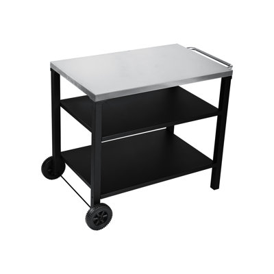 Chariot de barbecue extérieur à 3 niveaux avec plateau en acier inoxydable, table de préparation mobile sur roulettes, barre de service pour le patio et la cour arrière, support de four à pizza noir, rouille, rangement spacieux, mobilité facile, facilité de déplacement