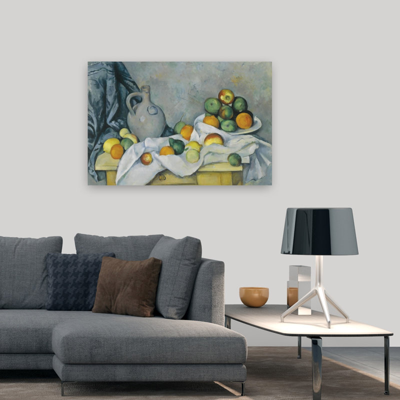 Rideau, cruche et bol de fruits, C., H 32 po x l 48 po