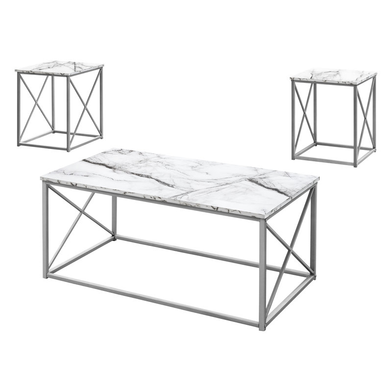 Table moderne 3 pièces - table basse et 2 tables de bout, motif en marbre blanc, métal gris pour le salon
