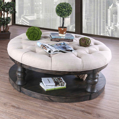Table basse ronde en bois de style rustique avec pieds tournés et tablette ouverte gris antique