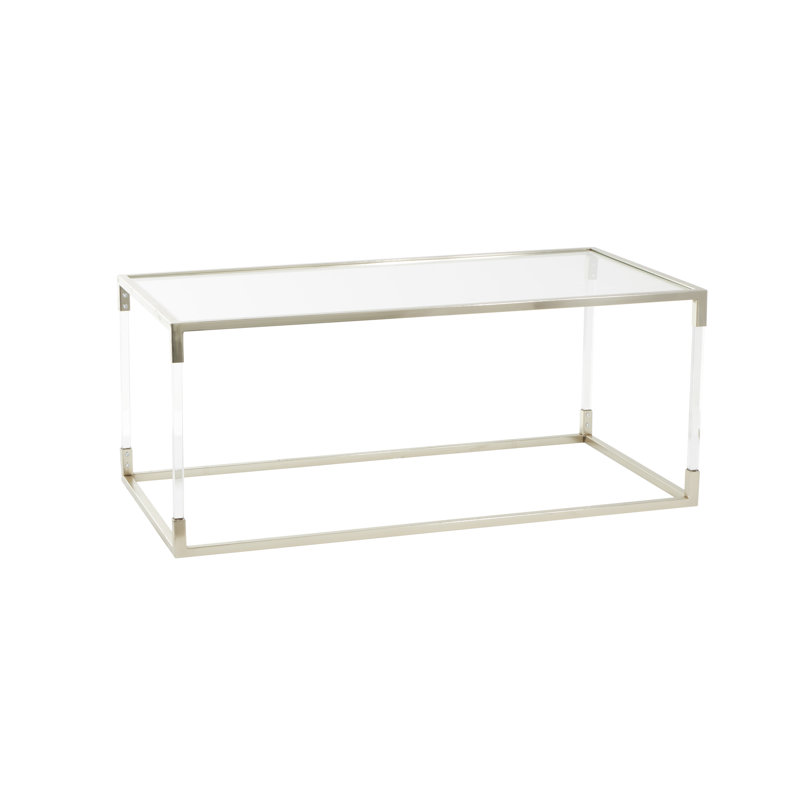 Nichalaus Acrylic Plastic Cube Shaped Clear Coffee Table with Silver Frame Supports