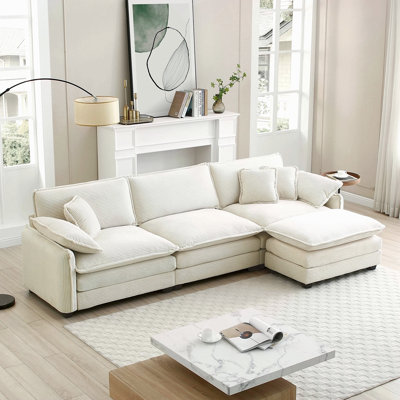 Oversize 3-Seater Sofa With One Footrest, L-Shaped Sectional Sofa With Ottoman For Living Rooms Corduroy Sofa