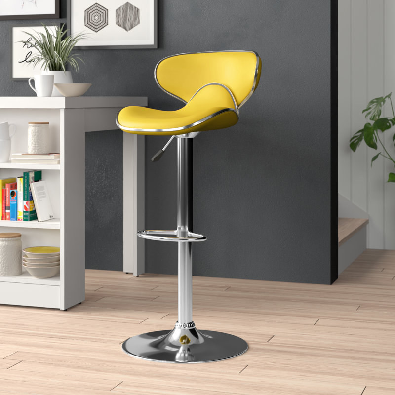 Tabouret de bar contemporain confortable en vinyle à hauteur réglable et dossier mi-haut avec base chromée Claudine, Jaune