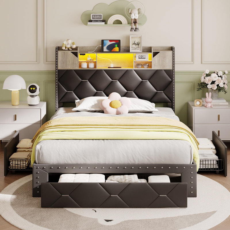 Bed Frame With Storage Headboard And 3 Drawers, Queen, Black