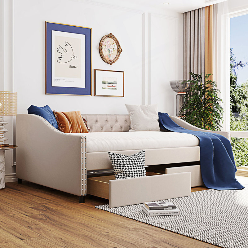 Modern Upholstered Daybed With Two Drawers, Beige