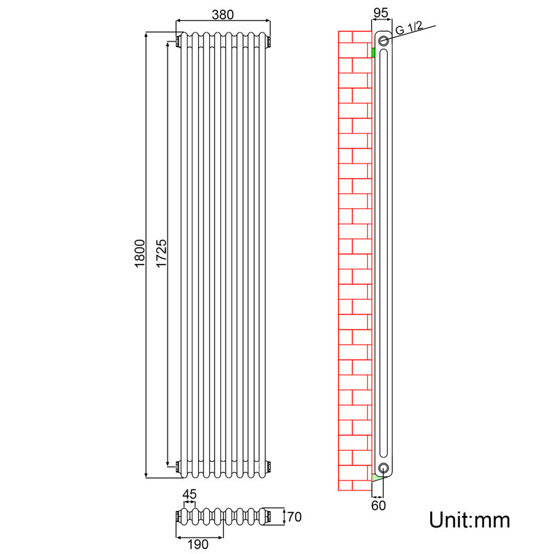 Niven Vertical Designer Radiator, 180cm H x 37cm W x 9cm D