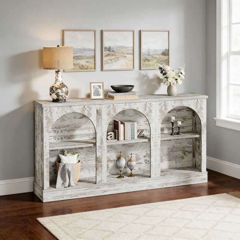 Console 63 po avec rangement à 3 niveaux, entrée ou canapé, Blanc patiné