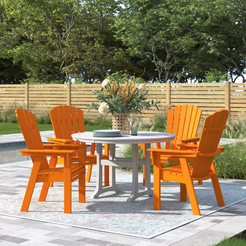 POLYWOOD Nautical Curveback Adirondack 5-Piece Round Dining Set with Trestle Legs, Tangerine/White