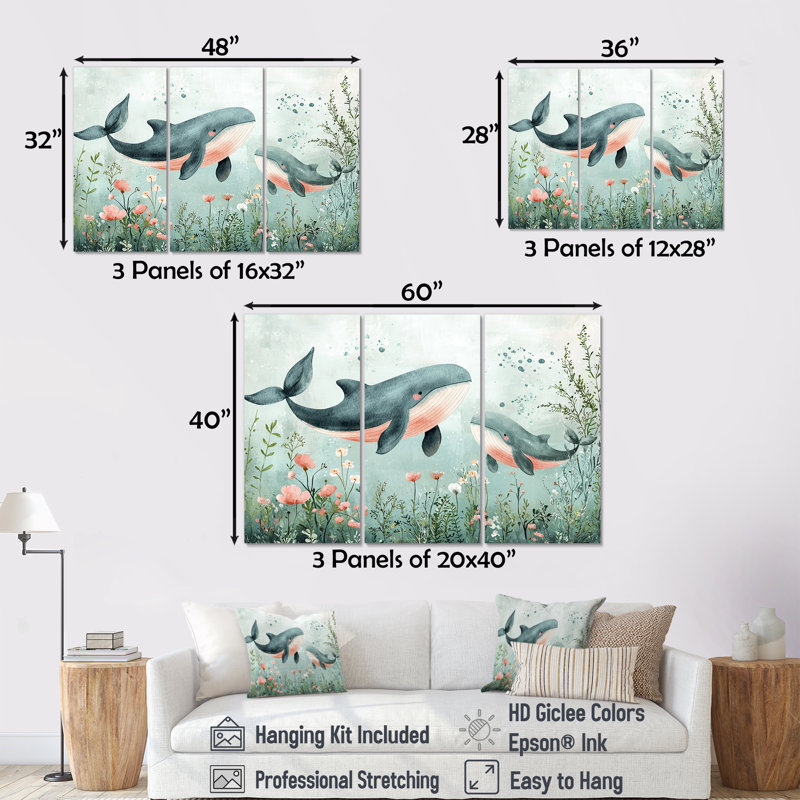 Gentle Whales - ensemble de reproduction d'art mural pour chambre de bébé, Toile tendue, H 32 po x l 48 po x P 1 po