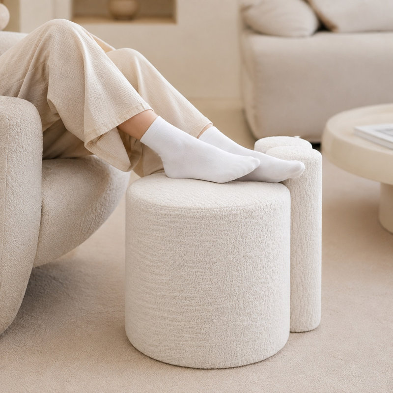 Pouf rond moderne en sherpa de 22,8 pouces pour salon, Sherpa, Blanc