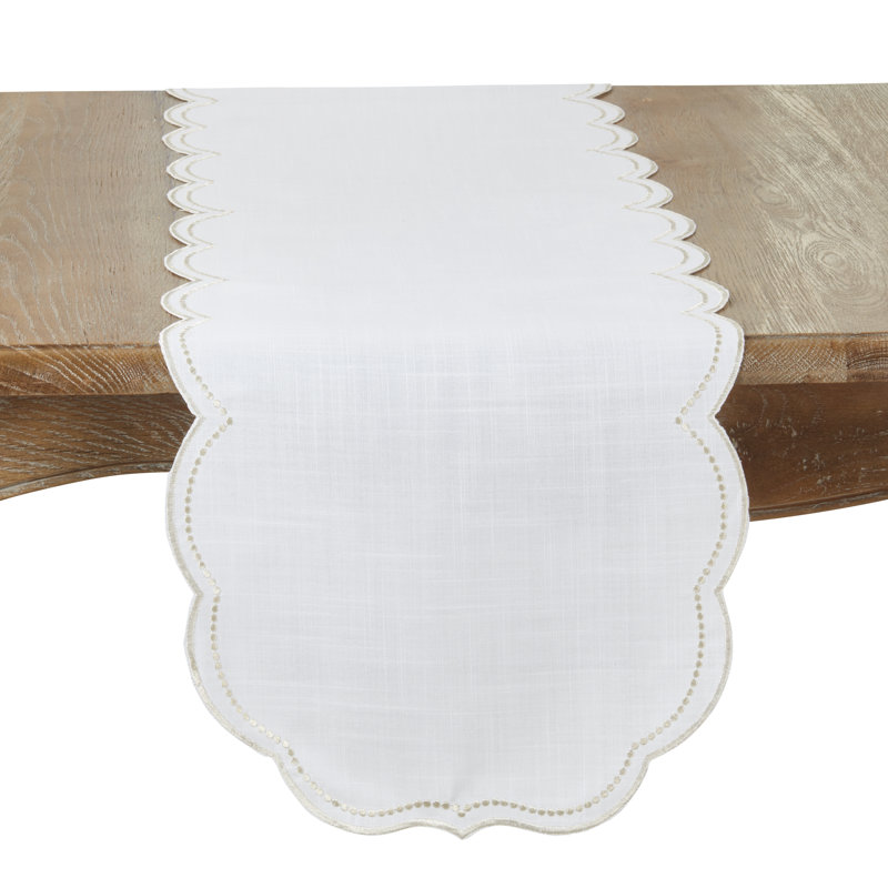 Embroidered Polka Dot Table Runner w/ Scallop Edge, White/Champagne