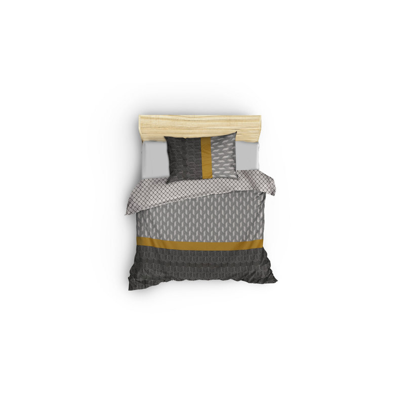 Ensemble de housse de couette 100% coton noir / jaune, Housse de couette 55 po x 79 po + 1 taie d'oreille