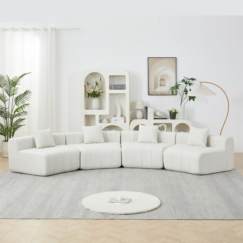 Canapé modulaire courbé en chenille avec 4 coussins, 29 po H x 151 po L x 33 po P, Beige
