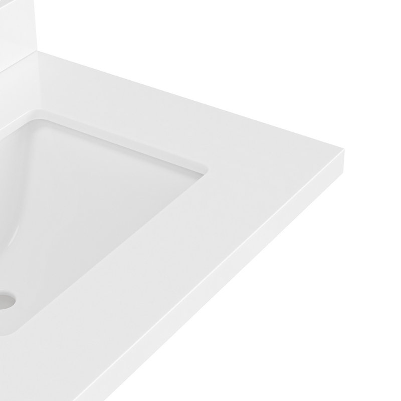 Comptoir de meuble-lavabo à quartz blanc pur 43 po Ariel avec rebord à onglet de 1,5 po d'épaisseur avec lavabo simple rectangulaire à droite et dosseret inclus